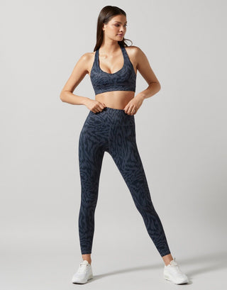 A model wearing a blue animal print activewear set.