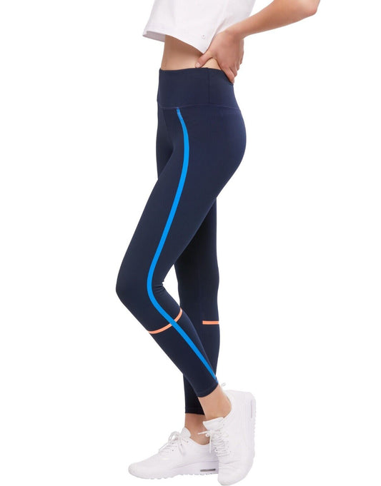 Lilybod Sienna Leggings Navy Blue Stripe. Side image.