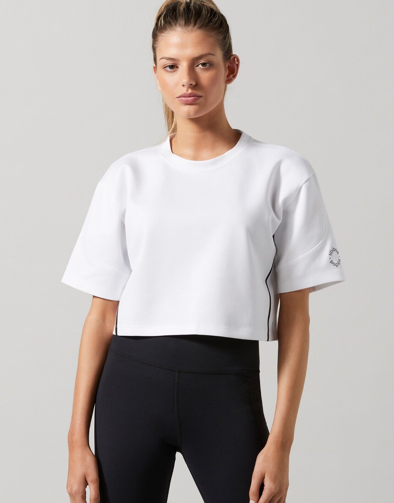 Lilybod Roxanne Cropped Tee White. Font image.