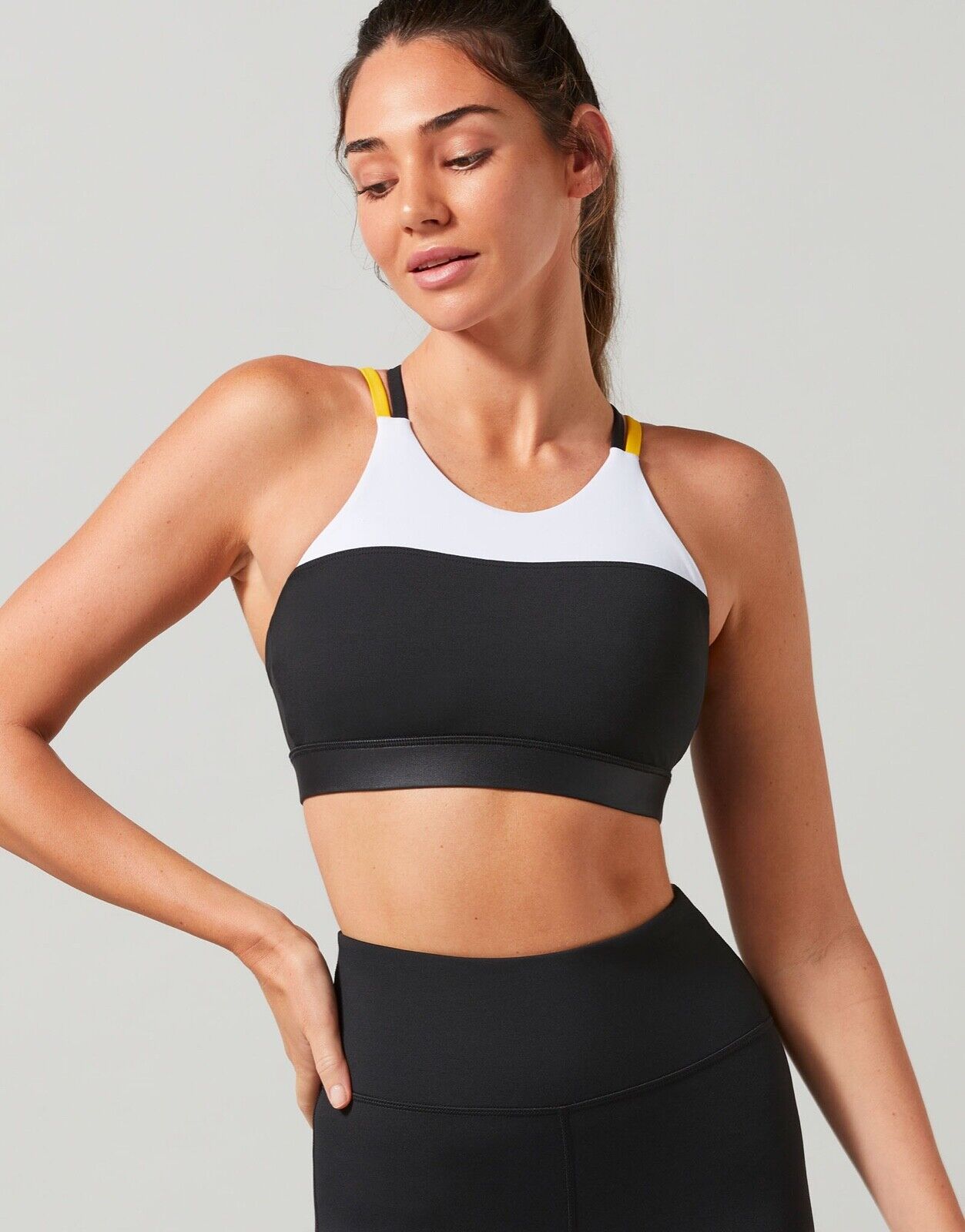 Lilybod Thalia Sports Bra Black, White & Lemon. Front image.