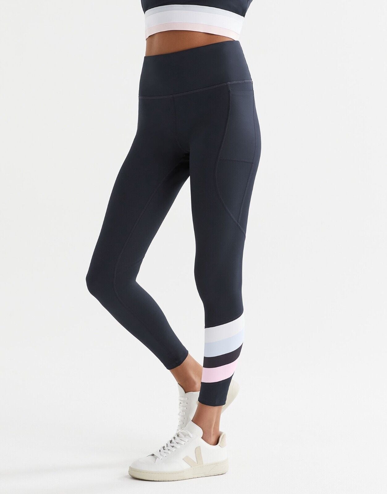 Lilybod Baseline Leggings Navy Pink White. Side image.