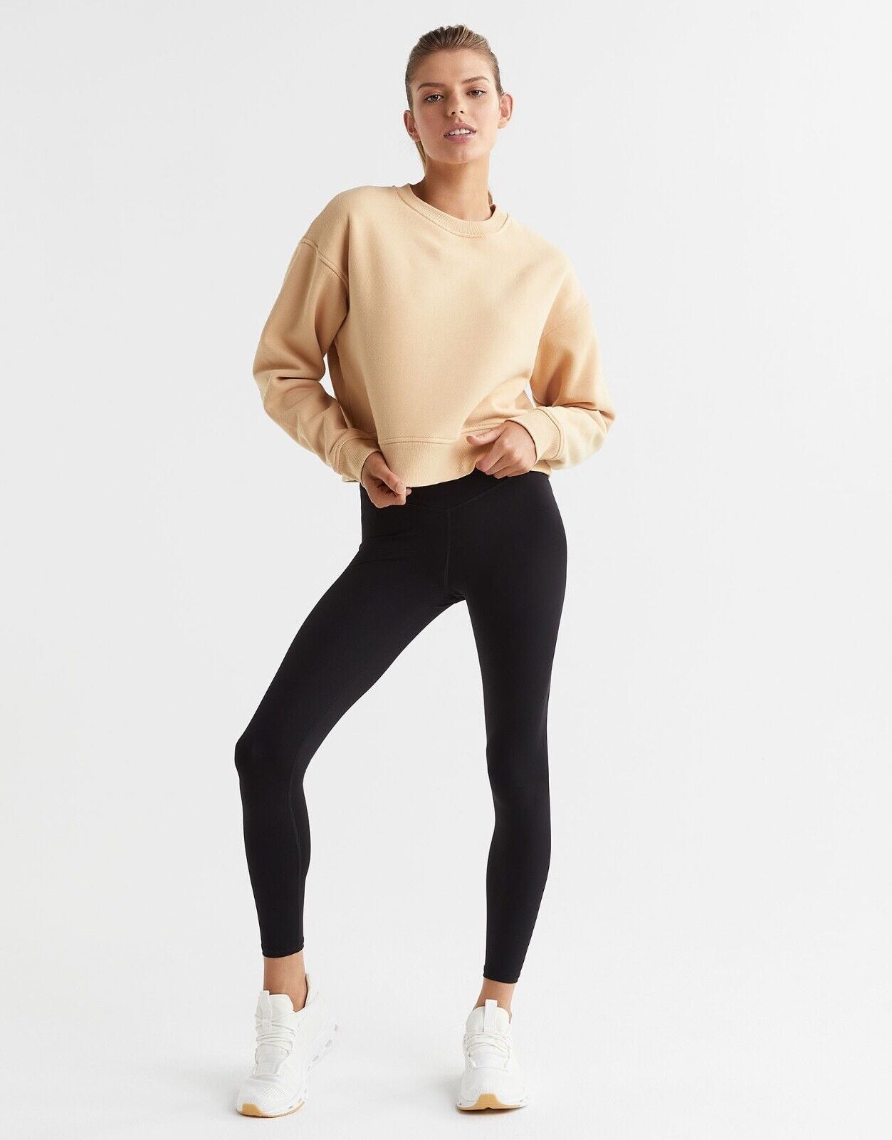 Lilybod Lucy Fleece Crew Sweater Almond. Full body image.