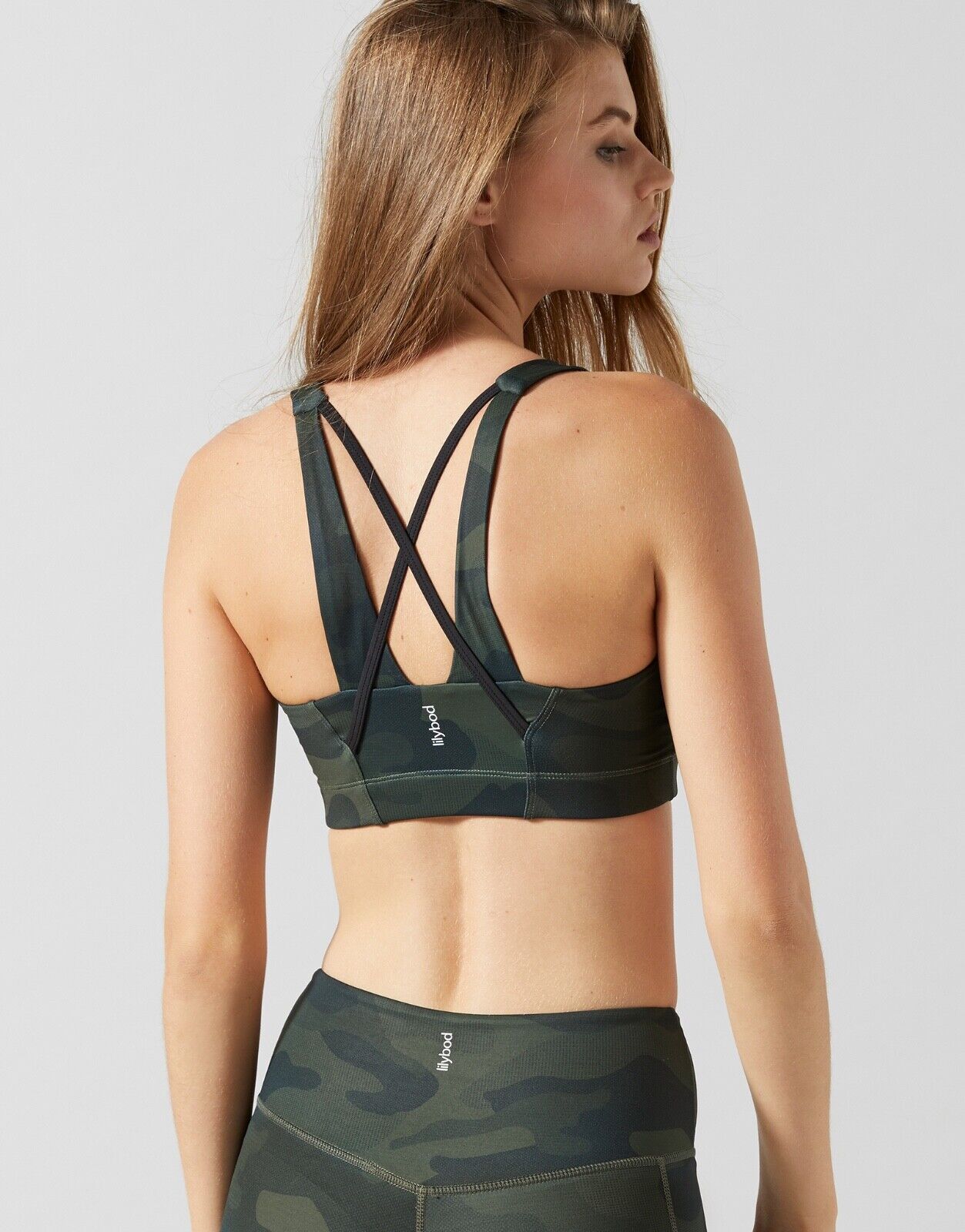 Lilybod Zoe Crop-X Sports Bra Olive Green Camo. Back image.