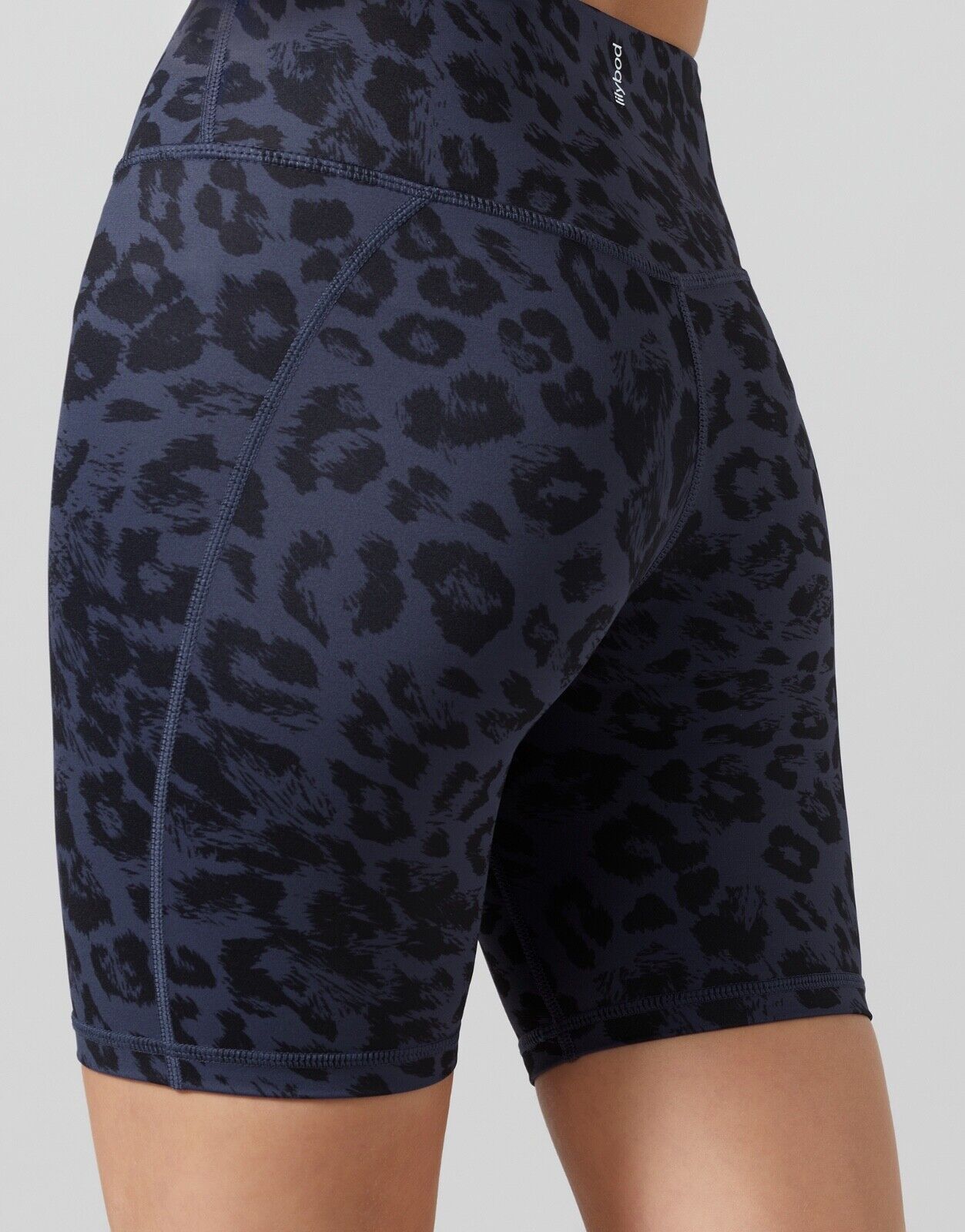 Lilybod Ashlyn Bike Shorts Grey Stone Leopard. Close up.