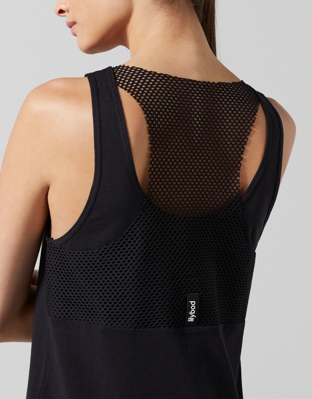 Lilybod Cienna Two Layer Mesh Tank Black. Back Close Image.