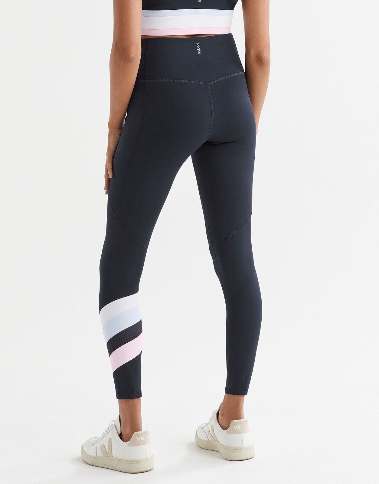 Lilybod Baseline Leggings Navy Pink White. Back image.