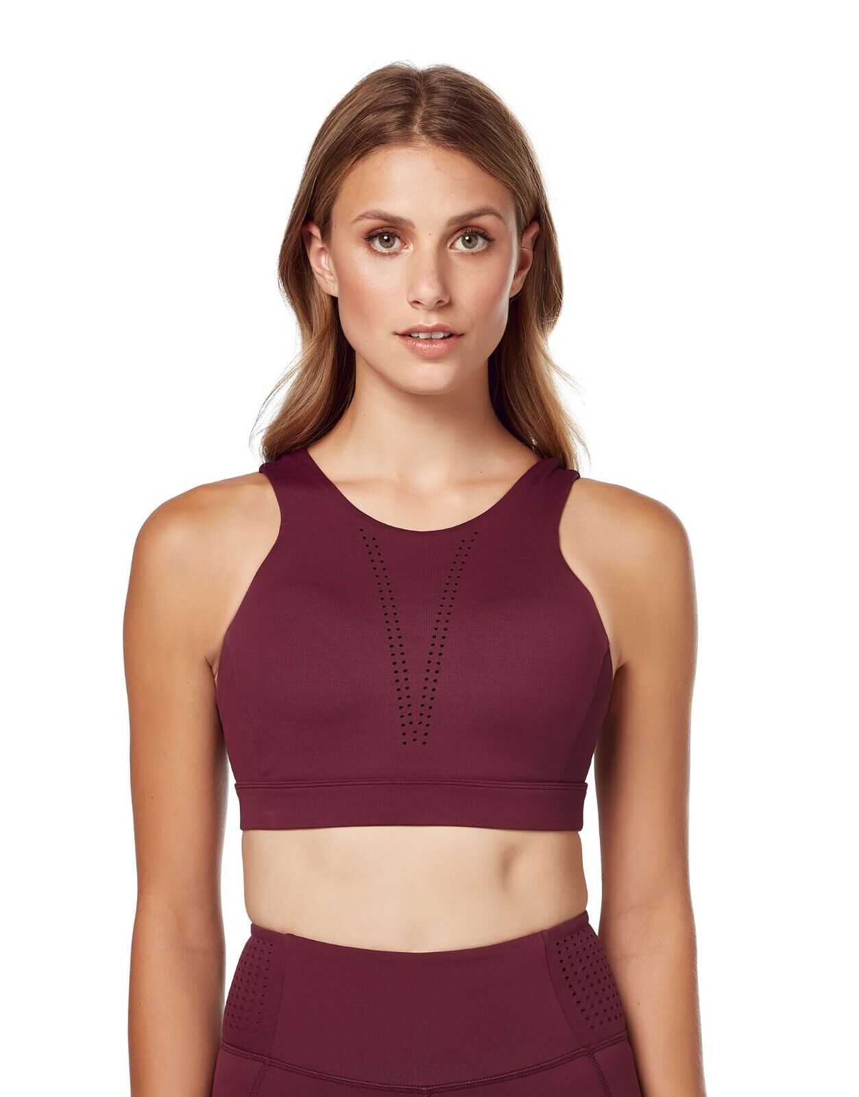 Lilybod Ava Sports Bra Plum Red. Front Image.