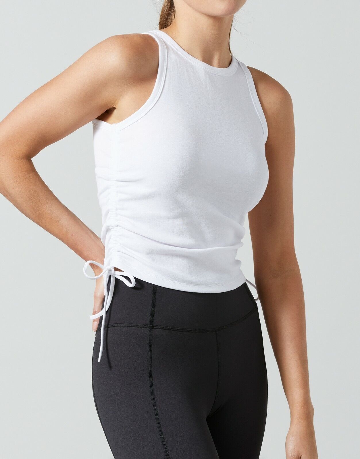 Lilybod Harmoni Activewear Tank White. Front tie up image.