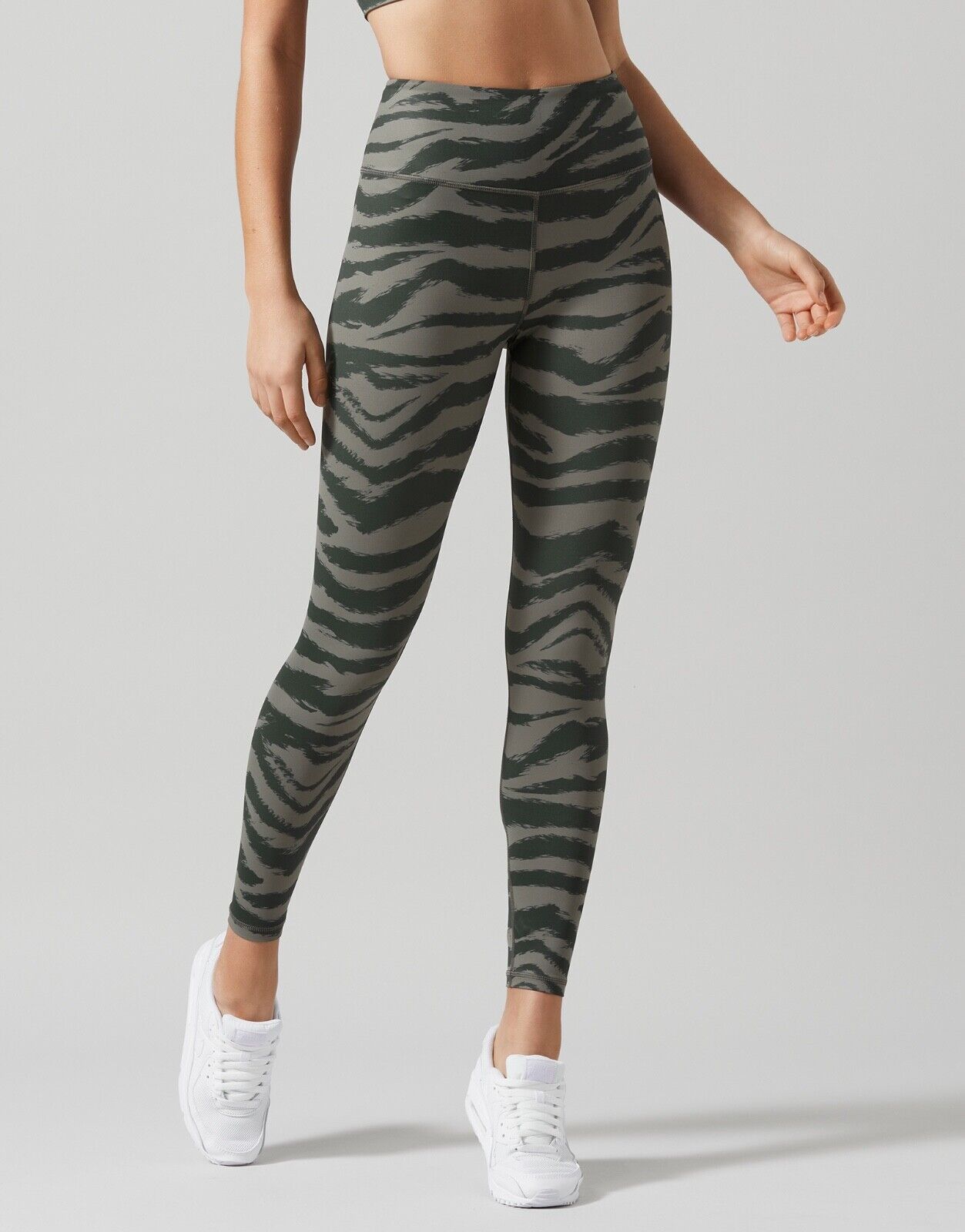 Lilybod Ariana Leggings Dusty Olive Tiger Print. Front image.