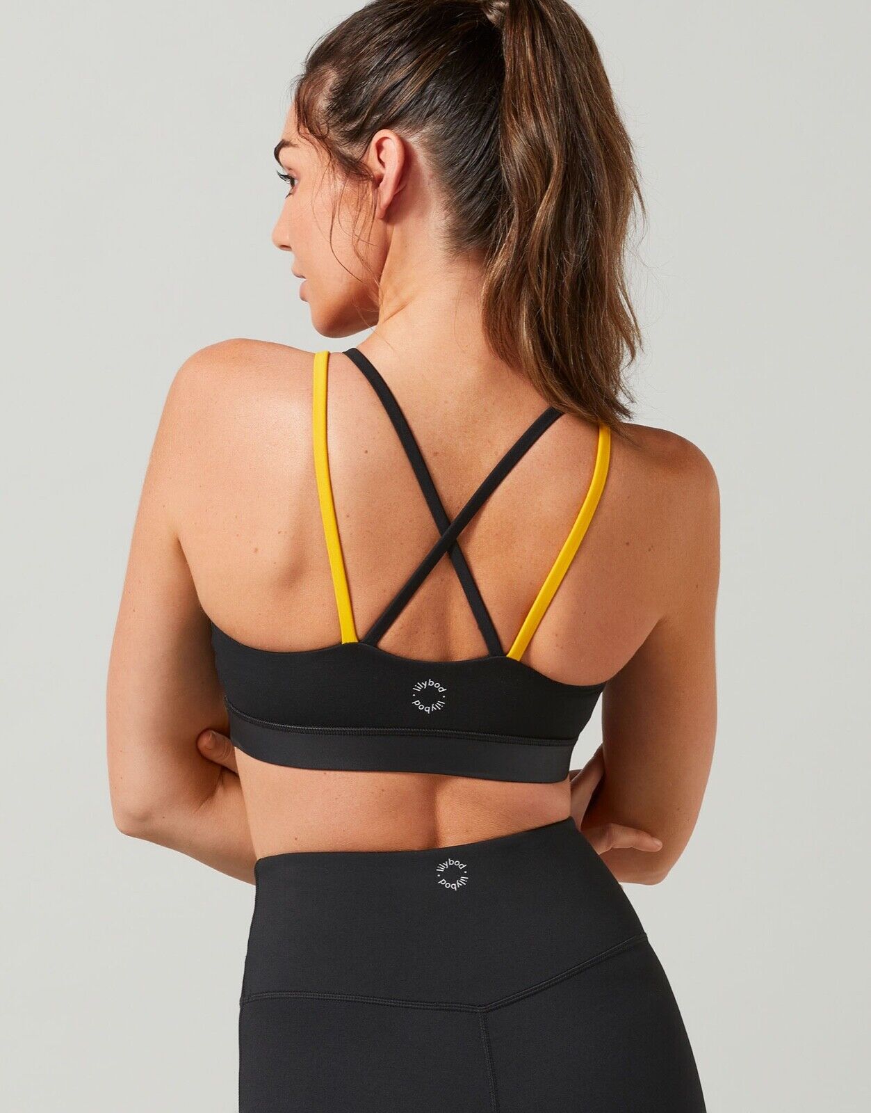 Lilybod Thalia Sports Bra Black, White & Lemon. Back image.