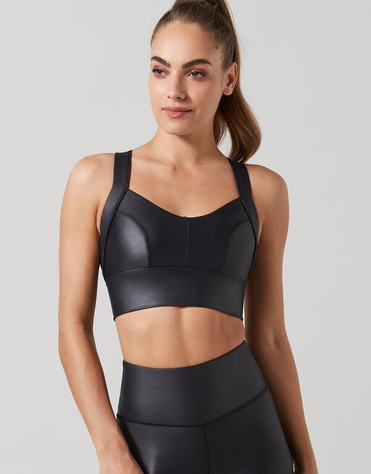 Lilybod Shadow Sports Bra High Shine Tarmac Black. Front side image.