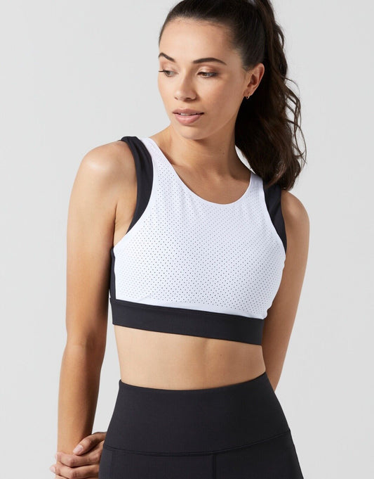 Lilybod Amber Sports Bra White Black. Front image.