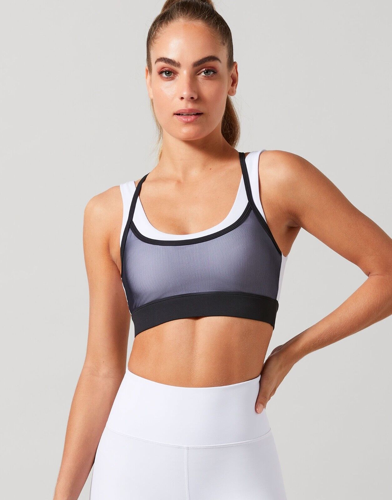 Lilybod Phoenix Sports Bra Smoke Black & White. Front on image.