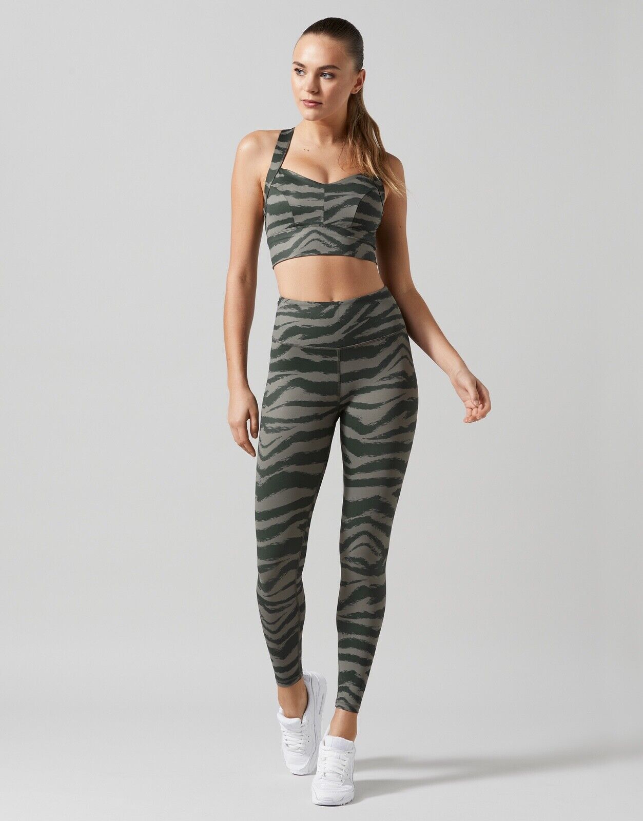 Lilybod Ariana Leggings Dusty Olive Tiger Print. Full body image.