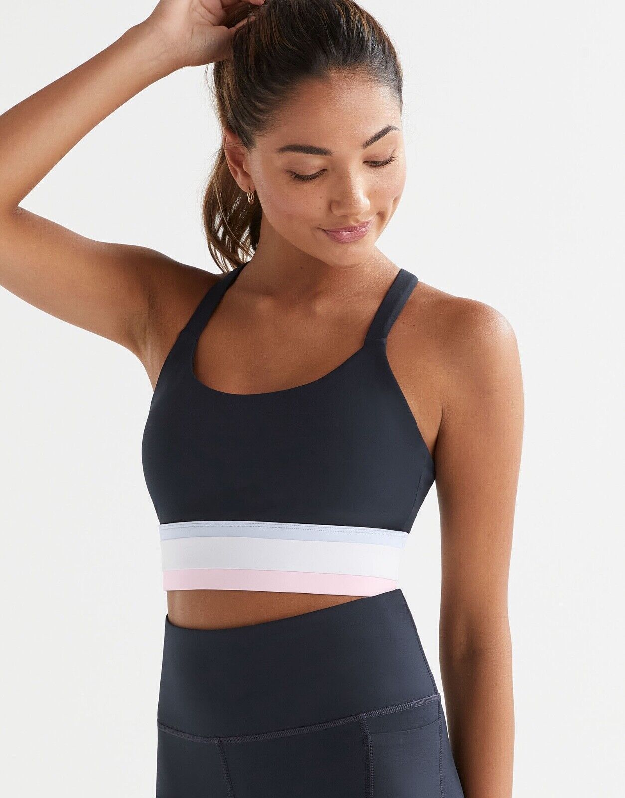 Lilybod Baseline Sports Bra Navy Pink White. Front Side Image