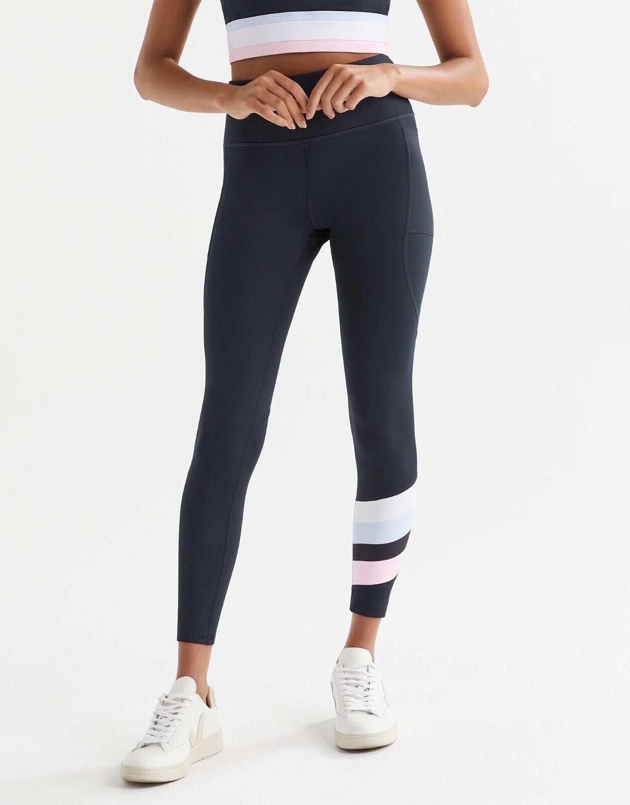 Lilybod Baseline Leggings Navy Pink White. Front image.