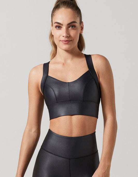 Lilybod Shadow Sports Bra High Shine Tarmac Black. Front image.