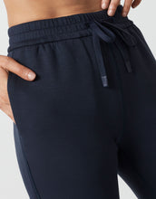 Close up of blue sweatpants with a pocket