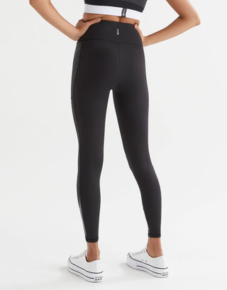 Woman wearing black sporty leggings and white sneakers. Rear view.