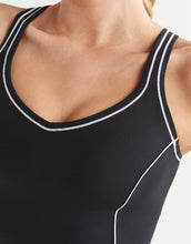 Black swimsuit with white trim on a plain background