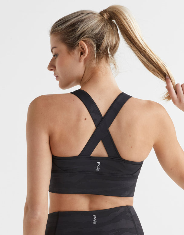 Woman wearing a black sports bra with criss-cross design on a light gray background