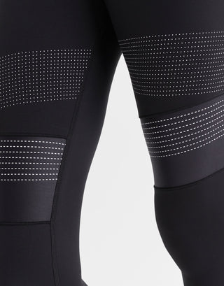 Close up of black leggings with a micro dot print design.