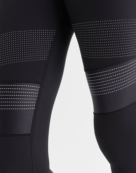 Close up of black leggings with a micro dot print design.