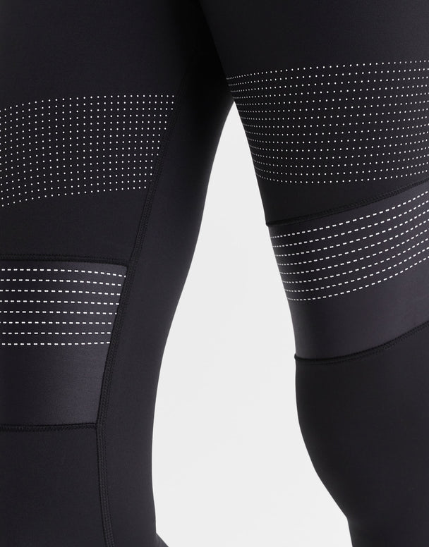 Close up of black leggings with a micro dot print design.