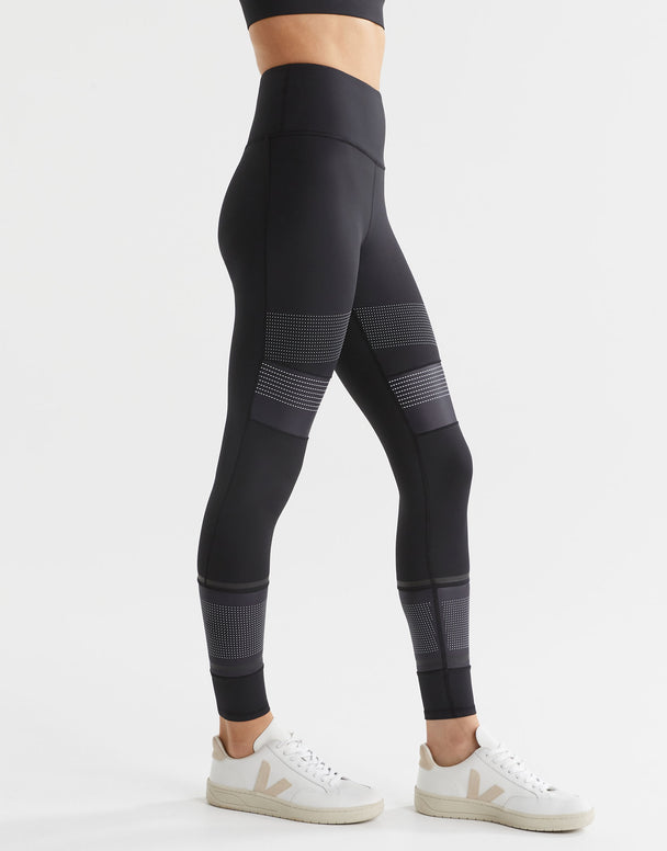 A model wearing high-waisted black leggings with micro dot/stripe print accents, paired with a black sports top and white sneakers. side view.
