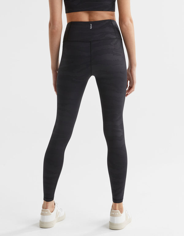 Person wearing black leggings on a white background