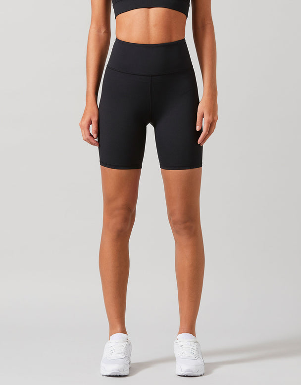 A pair of high-waisted black bike shorts with a 6-inch inseam, designed for women. The shorts are solid black, and the image shows the shorts in a full-body view with the waist at the top.