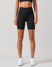 A pair of high-waisted black bike shorts with a 6-inch inseam, designed for women. The shorts are solid black, and the image shows the shorts in a full-body view with the waist at the top.
