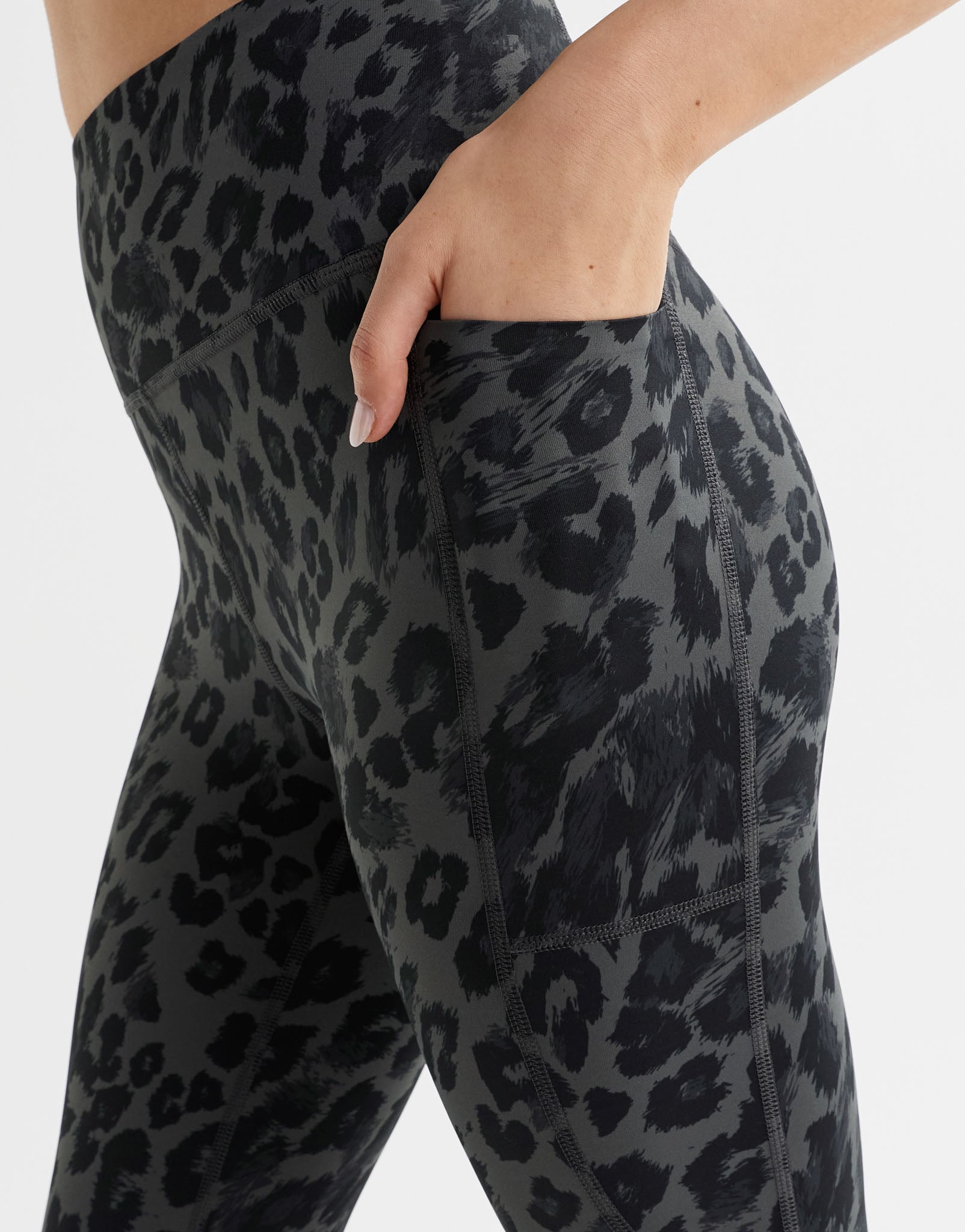 Close up of grey leopard print leggings with a pocket.