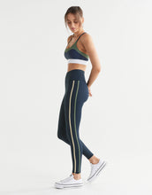 Woman wearing a sports bra and leggings on a white background