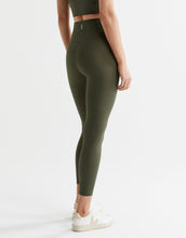 Person wearing olive green leggings on a white background