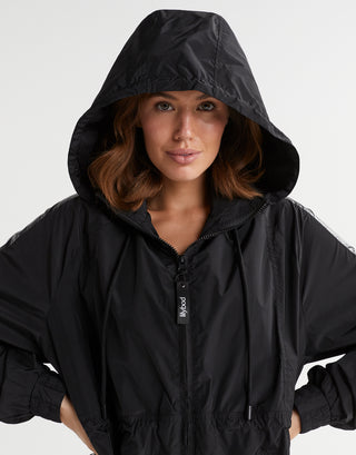 Person wearing a black hooded jacket on a white background