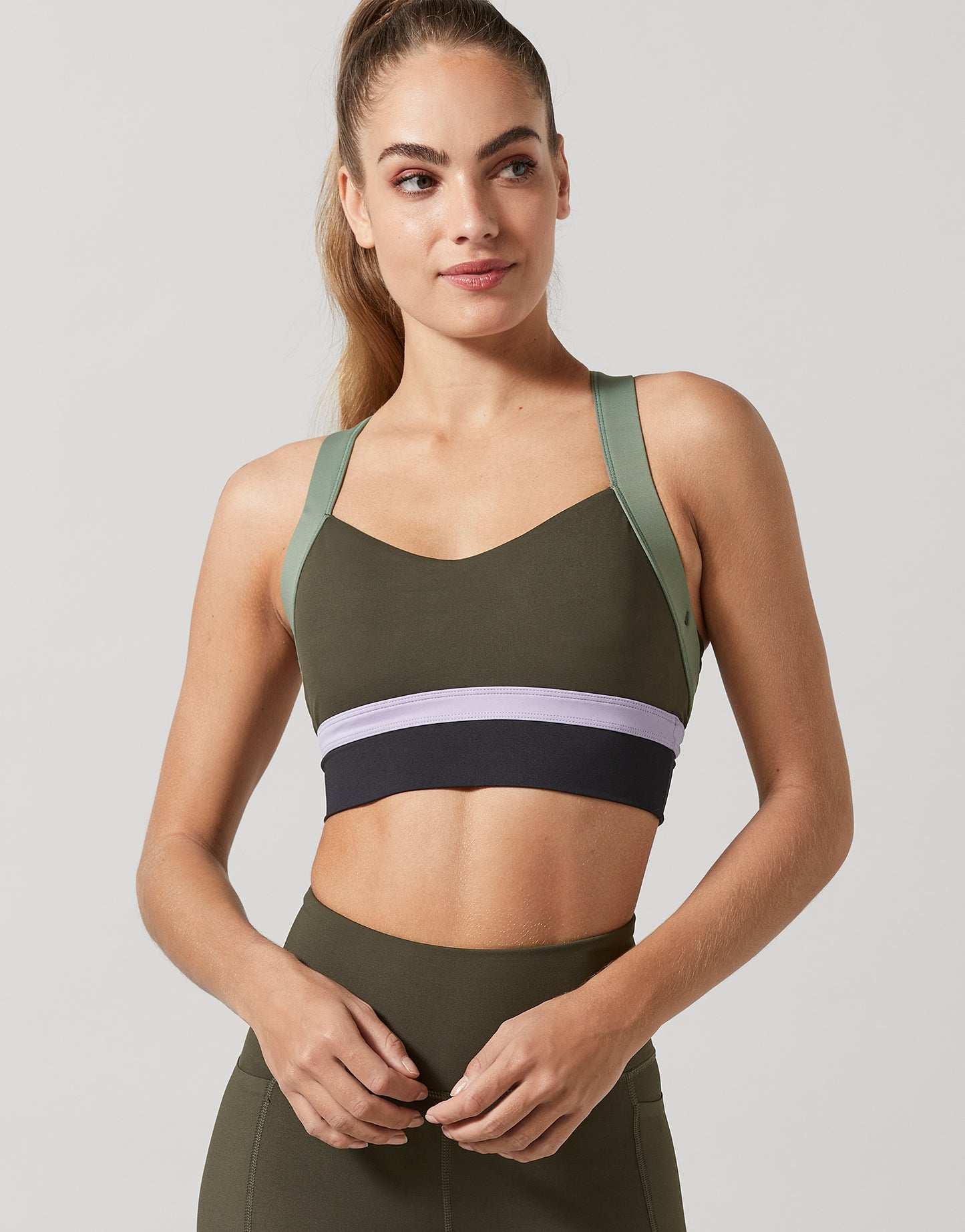 Lilybod Empire Sports Bra Black Olive.Front image.