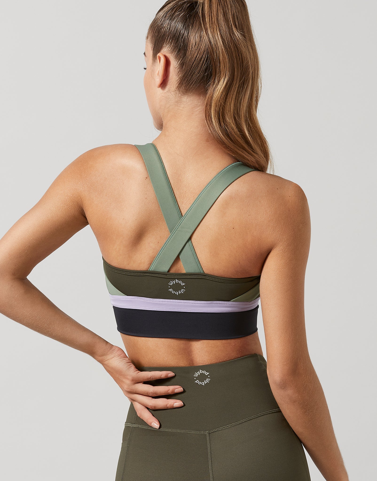 Lilybod Empire Sports Bra Black Olive. Back image.