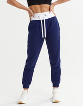 Navy blue jogger pants with white drawstring on a white background