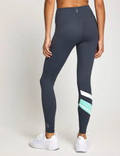 Dark gray leggings with a light blue stripe on a white background