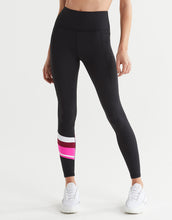 Black leggings with pink and white striped design on a white background