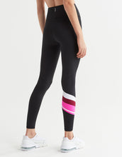 Black leggings with colorful stripes on a white background