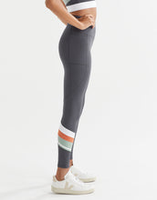 Person wearing gray leggings with colorful stripes on a white background