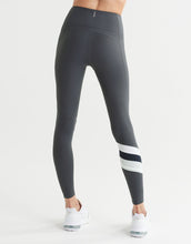 Dark gray leggings with white stripes on a white background
