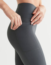 Dark gray leggings worn by a person on a light gray background