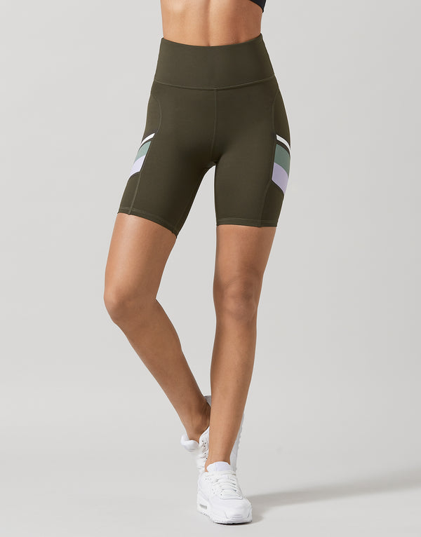Womens Activewear Shorts in Olive Green with a stripe on leg