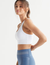 A model wearing a white sports bra and blue leggings on a white background